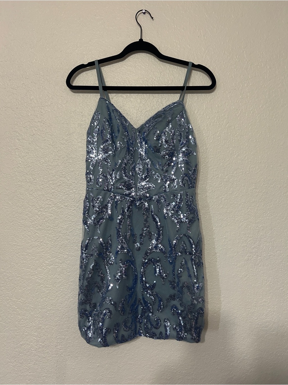 Spaghetti-Strap Sequined Mini Dress in Dusty Blue - Picture 2 of 4